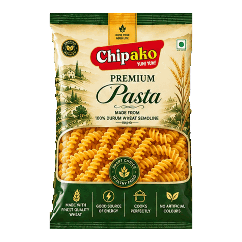 Chipako Fusilli pack and pasta shapes